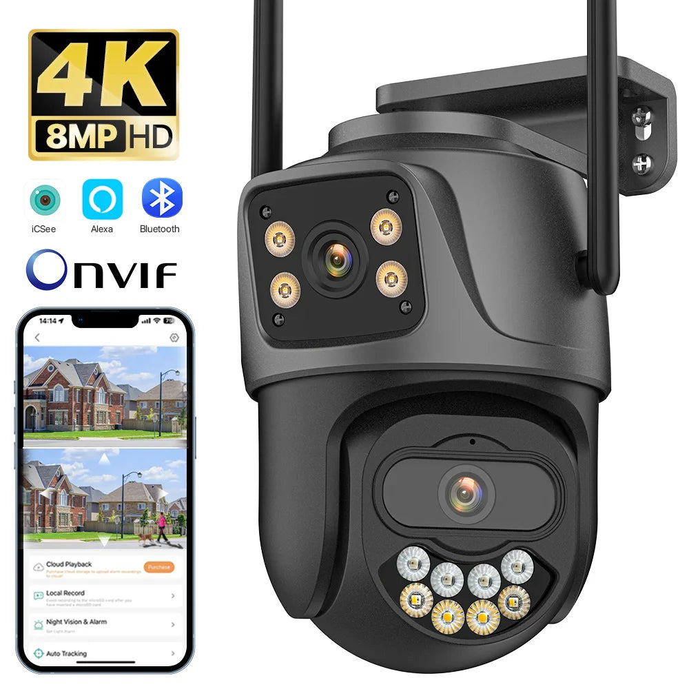 External 4K Dual Lens PTZ WiFi Camera - 8MP HD Outdoor IP Surveillance with 4MP Auto Tracking and Icsee P2P Technology