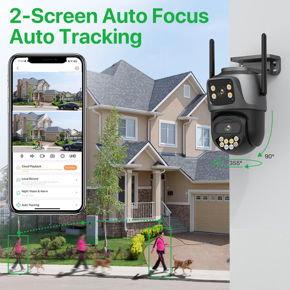 External 4K Dual Lens PTZ WiFi Camera - 8MP HD Outdoor IP Surveillance with 4MP Auto Tracking and Icsee P2P Technology